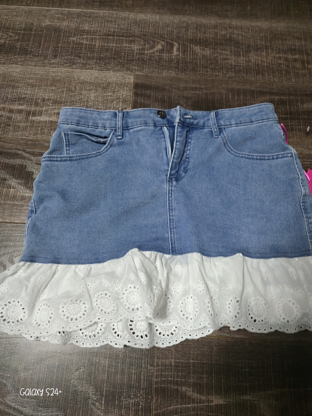 Paris Hilton Blue Denim Mini Skirt with White Eyelet Ruffle